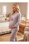 New Season Gray Muslin Fabric Double-Breasted Tie-Detail Long Sleeve Design 100% Cotton Maternity Pajama Set with Easy Breastfeeding Feature