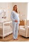 New Season Blue Muslin Fabric Double-Breasted Tie-Detail Long Sleeve Design 100% Cotton Maternity Pajama Set with Easy Breastfeeding Feature - 4