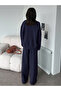 Women's Navy Blue Polo Collar V-Neck Knitwear Blouse Pants Bottom Top Double Set - 2
