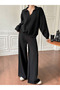 Women's Black Polo Neck V-Neck Knitwear Blouse Pants Bottom Top Double Set - 4