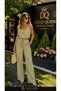 Women's Beaded Detailed Strappy Crop Blouse and Wide Leg Pants Two-Piece Set