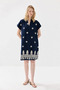 Embroidered Shirt Collar Cotton Dress - Navy Blue
