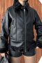 Women's Black Oversize Faux Leather Coat with Silk Fur Inside - Biker Pilot Leather Jacket - 4