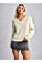 Women's Ecru V-Neck Knitwear Sweater Oversize Comfortable Fit Long Sleeve Daily Basic Knit Sweater