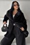 Women's Black Plush Jacket Lapel Buttoned Oversize Fur Coat - 7