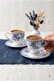 Nihal 2-Person Porcelain Turkish Coffee Cup Set 90 Cc - Blue Floral Footed Coffee Cup Set - 4