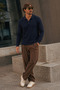 Men's Buttoned Collar Autumn Navy Blue Sweater - 4