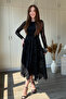 Silvery Patterned Asymmetrical Midi Black Dress - 2