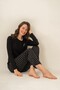 Women's Black Modal Round Buttoned Collar Black Pajama Set, Combed Cotton Modal Pajama Set, 50% Cotton 50% - 5