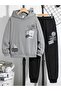 Oversized Hooded Sweatshirt Set - Face and All-Over Surface Print, Comfortable Lace-Up Hoodie