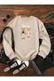 Women's College Style Bear Vintage Printed 2-Piece Teddy Bear Crew Neck Beige Sweatshirt