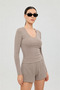 Soft Rib V-Neck Blouse Mink