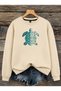 Women's Green Turtle Printed Comfortable Fit Crew Neck Beige Sweatshirt