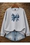 Women's Denim Ribbon Bow Graphic Printed Comfortable Fit Crew Neck Gray Sweatshirt
