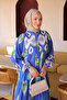 Cobalt Blue Half Buttoned Sleeves Elastic Skirt Layered Viscose Dress - 4