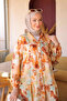 Brown Half Buttoned Sleeves Elastic Patterned Dress - 3