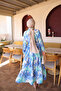Blue Half-Buttoned Layered Dress with Elastic Sleeves - 5
