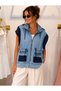 Women's Denim Vest with Zipper and Hooded Pockets in Navy Blue