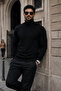 Men's Winter Basic Slim Fit Long Black Sweater - 4