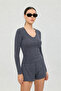 Soft Rib V-Neck Blouse Smoked