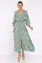 Women's Double-Breasted Collar, Elastic Waist, Slit, Patterned Viscose Dress