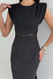 Women's Shoulder Padded Waist Dress with Guipure Detail and Slit - 5