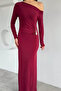 Women's Off-Shoulder Gold Buckle Draped Lycra Dress - 2