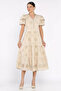 Women's V-Neck Front Button Detailed Scalloped Ruffle Dress