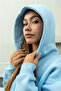 Women's Blue Hooded Zippered Oversize Sweatshirt 80% Cotton Basic Hoodie with Pockets - 3