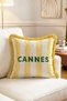 Cannes Written Yellow Striped Fringed Throw Pillow Cover Sun-Themed French Coastal Decor - 2