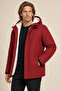 Men's Red Fur-Lined Water and Wind-Resistant Ribbed Sleeve Detachable Hooded Coat & Parka - 3