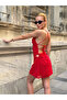 Women's Red Stone Embroidered Drawstring Backless Gathered Tulle Mini Dress
