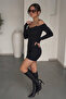 Black- Women's Chain Strap Detailed Long Sleeve Open Shoulder Mini Dress - 2