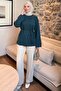Lace-Up Combed Cotton Blouse 13071 - Petrol - 2
