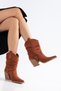 Women's Tan Western Cowboy Boots Pointed Toe Drawstring Buckle Thick Heeled Vegan Faux Leather - 2