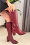 Women's Paris Buckle Detailed Burgundy Side Zipper Below the Knee Boots 410