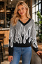 Women's V-Neck Long Sleeve Flame Patterned Color Garnished Special Design Stylish Gray Knitwear Sweater - 6