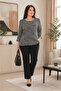 Black and White Patterned Crew Neck Stretchy Women's Blouse