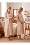 New Season Beige Muslin Fabric Buttoned Breastfeeding Compatible Design Short Sleeve 100% Cotton Maternity Nightgown Set of 2
