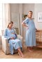 New Season Indigo Muslin Fabric Buttoned Breastfeeding Compatible Design Short Sleeve 100% Cotton Maternity Nightgown Set of 2 - 7