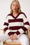 Women's Knitwear Sweater Burgundy White Striped V-Neck Knitted Patterned Long Sleeve Stylish Sweater