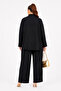 Plus Size Oversized Stone Detailed Pleated Shirt Collar Viscose Relaxed Cut Women's Two-Piece Set with Pants - 4