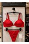 Women's Luxury Rhinestone Strap Push-Up Bra and Matching Thong Lingerie Set - Elegant Red Two-Piece VS8035 - 7