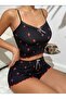 Black Pajama Set with Red Strawberry Patterned Suspender Shorts - 2