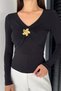 Women's V-Neck Lycra Blouse with Gold Buckle Detail - 3