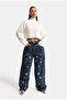 Women's Dark Jeans 1W6-8 Mega Baggy Star Embroidery Detailed Special Design Denim Jean