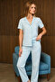 Loose Fit V-Neck Knitted Aqua Green Pajama Set - 4