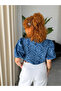Blue Patterned Balloon Sleeve Cotton Shirt - 6