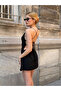 Women's Black Stone Embroidered Drawstring Dress Backless Tulle Mini Strap Evening Dress Stylish - 4