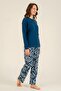 Women's Long Sleeve Buttoned Collar Cobalt Blue Pajama Set (with Socks as a Gift) - 5